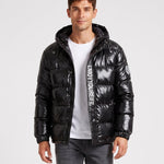 KZZ Men's Letter-Print Color-Block Drawstring Hooded Winter Jacket