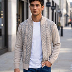 KZZ Men's Geometric Print Zip-Up Cable-Knit Cardigan
