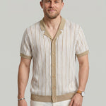 KZZ Men's Striped Button-Front Polo Shirt