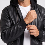KZZ Men's Faux-Layer Hooded Leather Jacket