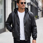 KZZ Men's Faux-Layer Hooded Leather Jacket