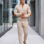 KZZ Men's Heavyweight Textured Patchwork Stand Collar Henry Sweatshirt Set