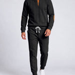 KZZ Men's Heavyweight Textured Patchwork Stand Collar Henry Sweatshirt Set