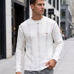 KZZ Men's Long-Sleeve Striped Cut-Out Knit Pullover
