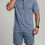 KZZ Collarless half-zip short-sleeve top and elastic-waist shorts
