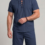 KZZ Men's Breathable Lace-Up Short-Sleeve Top and Shorts Set
