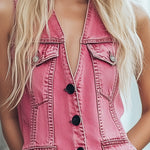 【24-hour shipping out】Chic Pink Denim Button Front Sleeveless Mini Dress