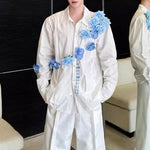 3D Blue Handmade Floral Long-Sleeved Shirt