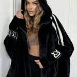 Plush Hooded Vertical Stripe Printed Casual Coat