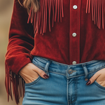 Outdoor Western Cowboy Red Suede Lapel Tassel Long Sleeve Shirt