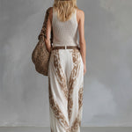 Elegant Vacation Style White Chiffon Printed Wide-leg Pants