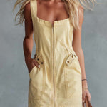 Casual Retro Square Neck Front Zipper Light Yellow Denim Mini Dress