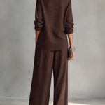 Brown Linen Blend Boat Neck Top & Wide Leg Pants 2 Piece Outfit Set