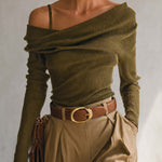Olive Ribbed Knit Asymmetric Off-Shoulder Foldover Long-Sleeve Fitted Sweater Top Women