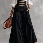 White Collar Shirt & High Waist Gold Button Skirt Two‑Piece Outfit
