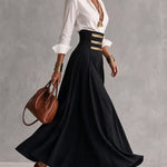 White Collar Shirt & High Waist Gold Button Skirt Two‑Piece Outfit