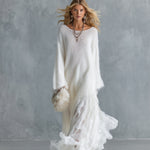Soft And Cozy Long-haired White Knit Lace Hem Maxi Dress