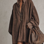 Vintage Brown Faux Suede Striped Shirt Collar Oversized Mini Dress