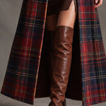 Women's Tartan Plaid Military Style Long Velvet Coat
