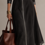 Vintage Black Stand Collar Leather Patchwork Zip-Up Midi Dress