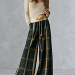 Retro Beige Long-sleeve T-shirt and Green Plaid Wool-blend Wide-leg Trousers Set