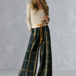 Retro Beige Long-sleeve T-shirt and Green Plaid Wool-blend Wide-leg Trousers Set
