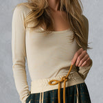 Retro Beige Long-sleeve T-shirt and Green Plaid Wool-blend Wide-leg Trousers Set