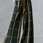 Retro Beige Long-sleeve T-shirt and Green Plaid Wool-blend Wide-leg Trousers Set