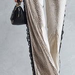Women's Ivory Polka-Dot Print Velvet Top and Lace-Trimmed Wide-Leg Pants Set