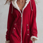 Cozy Retro Red Sherpa Trim Hooded Zip-Up Fleece Hoodie Maxi Dress