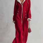 Cozy Retro Red Sherpa Trim Hooded Zip-Up Fleece Hoodie Maxi Dress