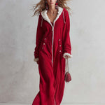 Cozy Retro Red Sherpa Trim Hooded Zip-Up Fleece Hoodie Maxi Dress