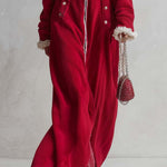 Cozy Retro Red Sherpa Trim Hooded Zip-Up Fleece Hoodie Maxi Dress