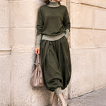 Olive Green Turtleneck Top & Relaxed Harem Pants Set