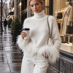 Classic Down-Proof Hem White Mohair Turtleneck Sweater
