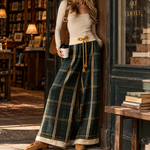 Retro Beige Long-sleeve T-shirt and Green Plaid Wool-blend Wide-leg Trousers Set
