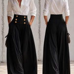 Women's Fashion White Long-Sleeved Shirt And Black High-Waisted Wide-Leg Pants Set