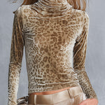 Women's Leopard Print Velvet Turtleneck Top & Champagne Metallic Wide-Leg Pants Two-Piece Set
