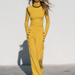 Women's Yellow Turtleneck Long-sleeved Top Paired With Black Trimmed Cargo Pants Set