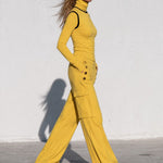 Women's Yellow Turtleneck Long-sleeved Top Paired With Black Trimmed Cargo Pants Set