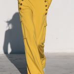 Women's Yellow Turtleneck Long-sleeved Top Paired With Black Trimmed Cargo Pants Set