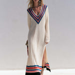 Retro Sporty Cream Varsity Stripe V-Neck Ribbed Knit Side Slit Sweater Maxi Dress