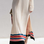 Retro Sporty Cream Varsity Stripe V-Neck Ribbed Knit Side Slit Sweater Maxi Dress