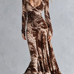 Women's Vintage Beige Animal Print Pleated Ruffle Maxi Dress