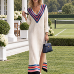 Retro Sporty Cream Varsity Stripe V-Neck Ribbed Knit Side Slit Sweater Maxi Dress