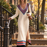Retro Sporty Cream Varsity Stripe V-Neck Ribbed Knit Side Slit Sweater Maxi Dress