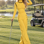 Women's Yellow Turtleneck Long-sleeved Top Paired With Black Trimmed Cargo Pants Set