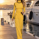 Women's Yellow Turtleneck Long-sleeved Top Paired With Black Trimmed Cargo Pants Set
