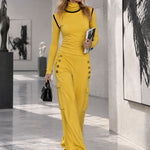 Women's Yellow Turtleneck Long-sleeved Top Paired With Black Trimmed Cargo Pants Set