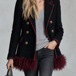 Fashionable Retro Burgundy Faux Feather Hem Black Wool Blend Coat